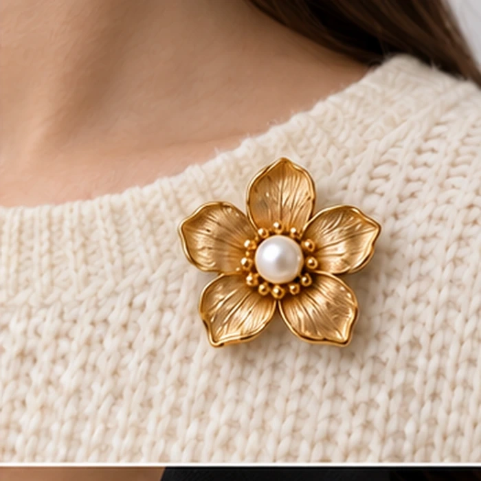 Pearl blossom brooch on a softly draped neutral cardigan