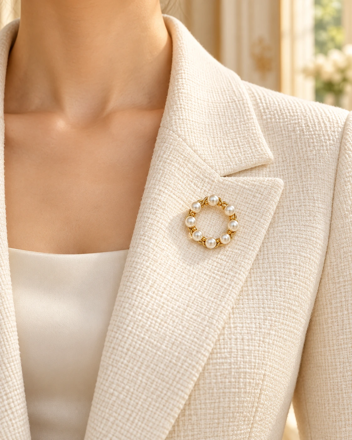 Gold pearl circle brooch styled on an ivory tailored jacket