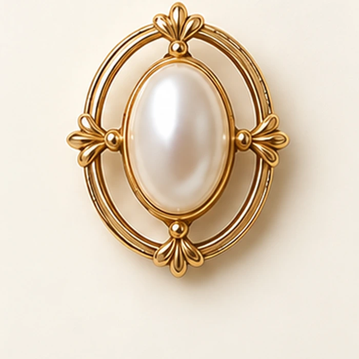 Solenne Pearl Oval Brooch, Gold tone / Ivory glass imitation pearl