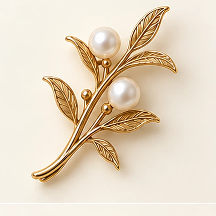 Willow Pearl Branch Brooch, Gold tone / Ivory glass imitation pearl